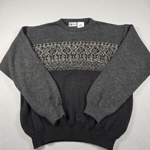 Vintage UNTIED Gray Black Crewneck Sweater Men's Large Retro Knit Print 90s